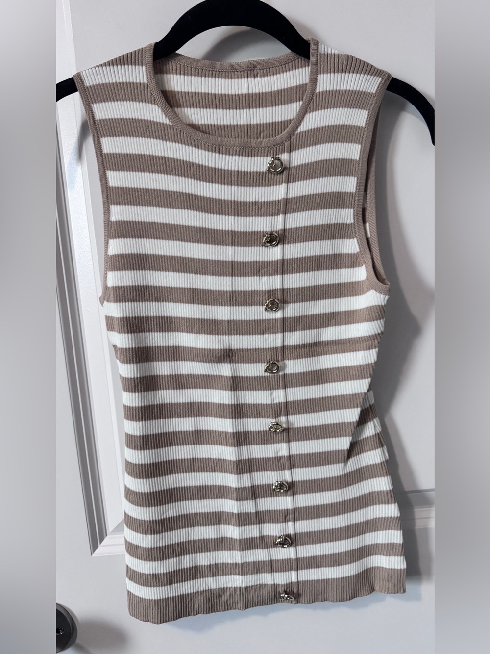 NWT-Commense-Striped Taupe & White Button-Front Knit Tank Dress-Medium